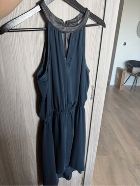 BCBG // Navy Halter Dress with Faux Leather Trim